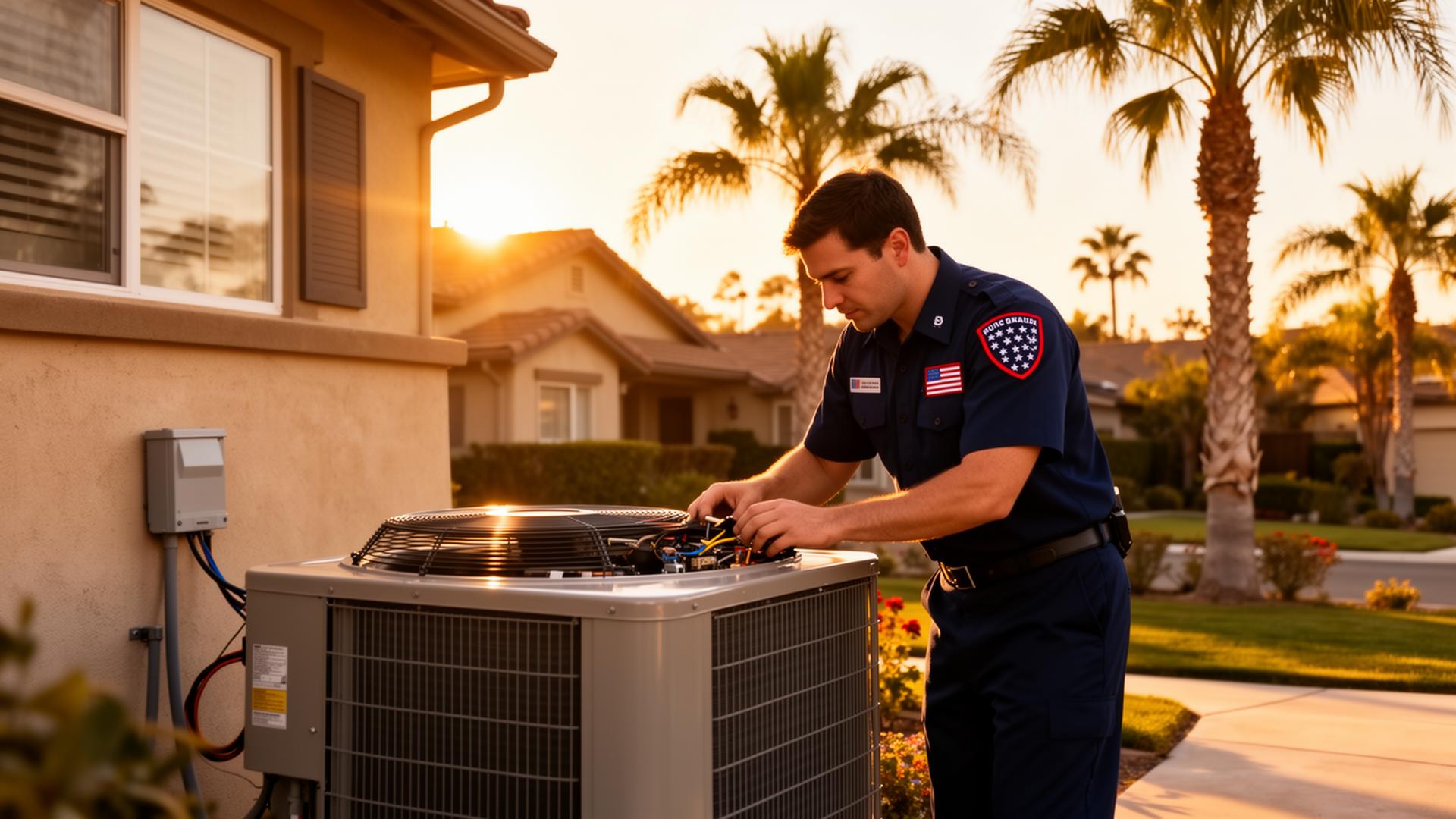 HVAC technician servicing AC unit at an Irvine California home